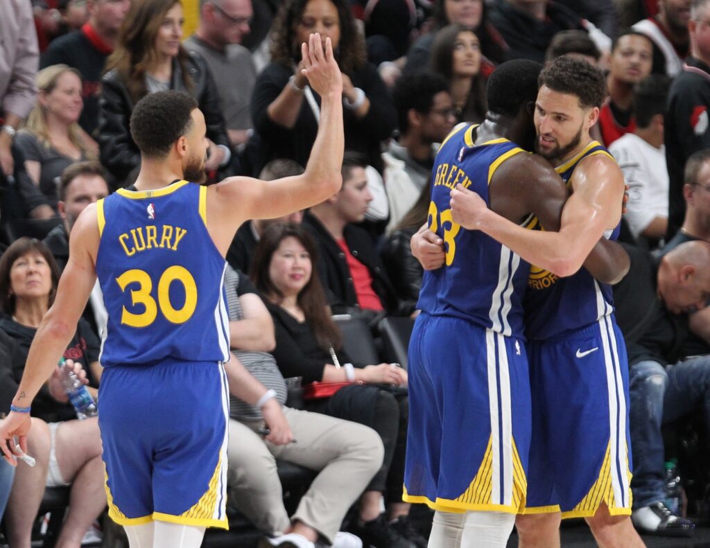 Stephen Curry Setting Out Plans After Legendary Career as 4-Time Champ Entertains Retirement Decision 1 May 18, 2019; Portland, OR, USA; Golden State Warriors guard Stephen Curry (30) celebrates with Warriors' forward Draymond Green (23) and guard Klay Thompson (11) after defeating Portland Trail Blazers 110-99 in game three of the Western conference finals of the 2019 NBA Playoffs at Moda Center. Mandatory Credit: Jaime Valdez-USA TODAY Sports