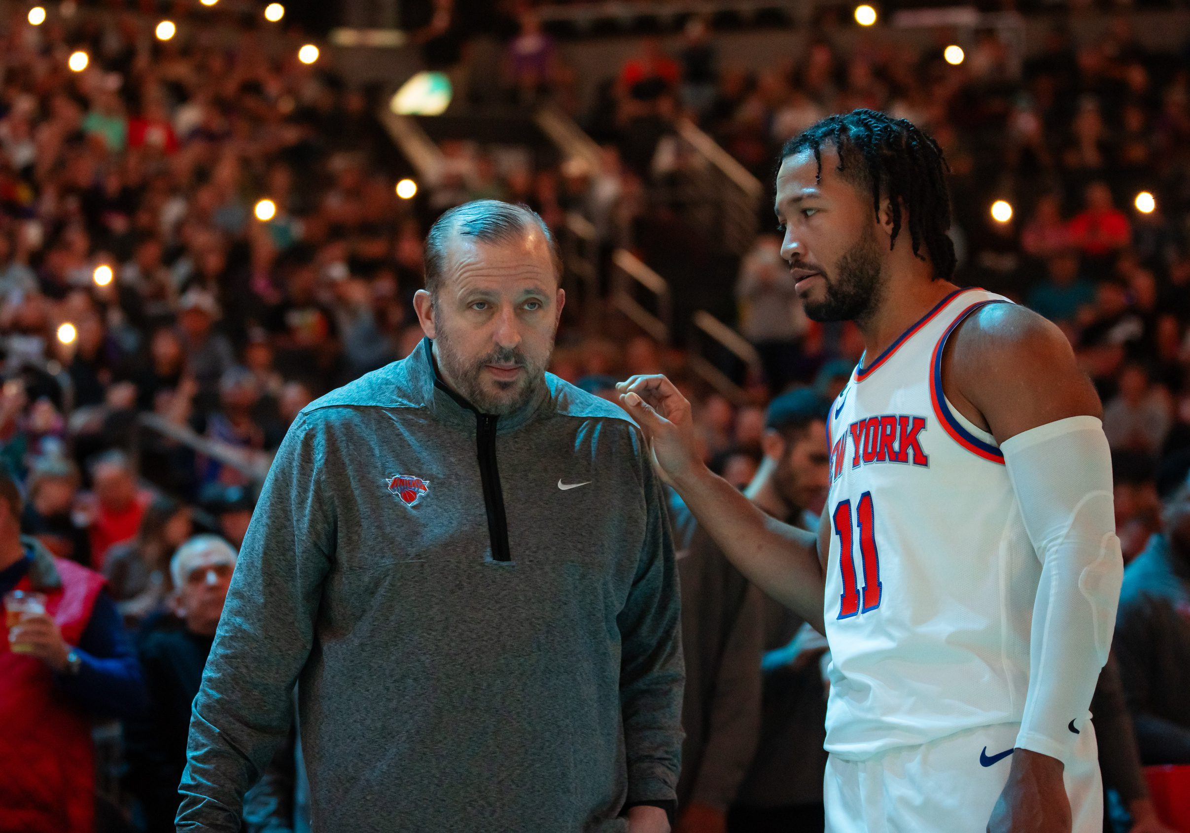 Nov 20, 2022; Phoenix, Arizona, USA; New York Knicks head coach Tom Thibodeau with guard Jalen Brunson (11) against the Phoenix Suns at Footprint Center. Mandatory Credit: Mark J. Rebilas-USA TODAY Sports