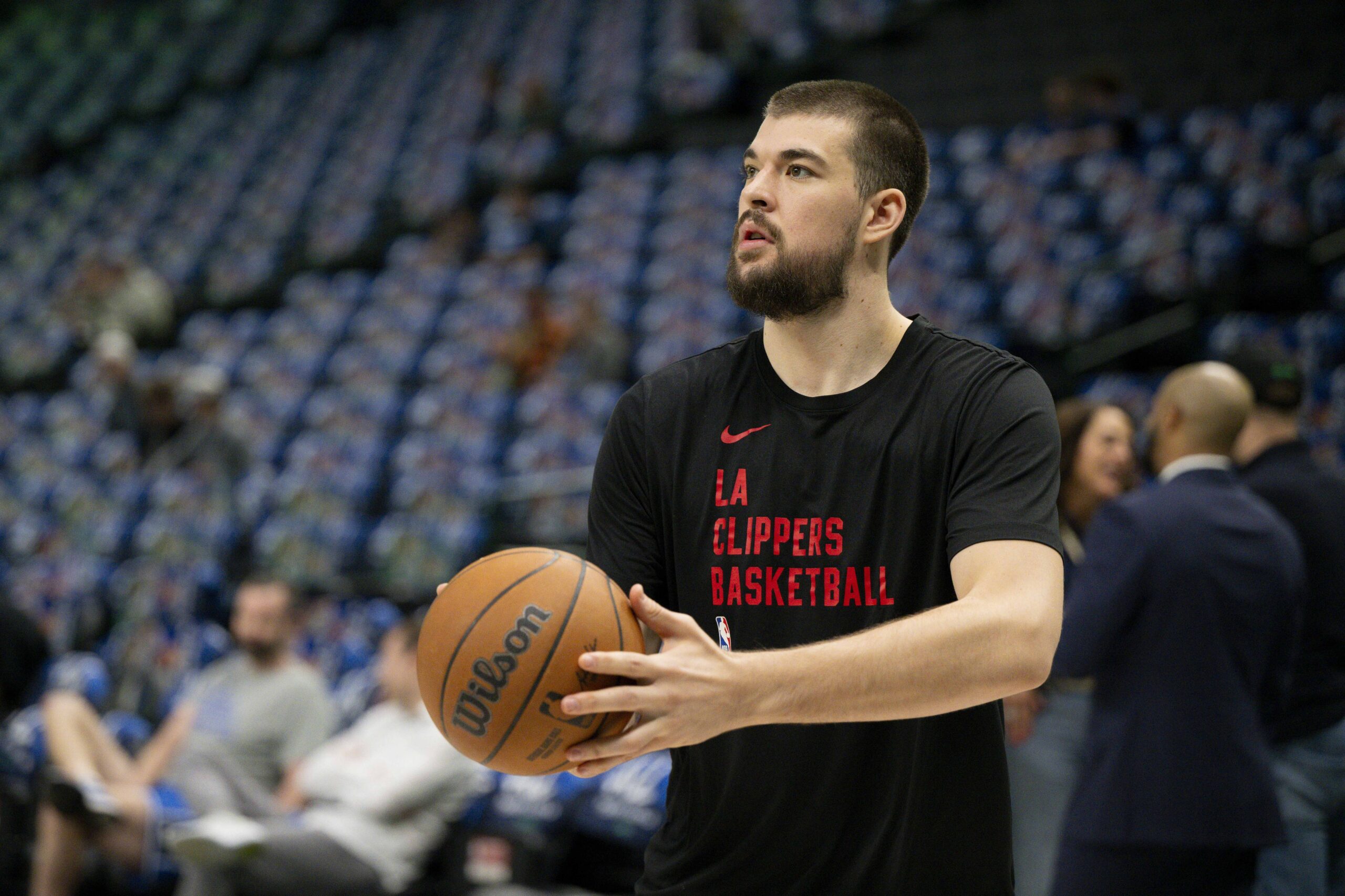 May 3, 2024; Dallas, Texas, USA; Los Angeles Clippers center Ivica Zubac (40) warms up before the game between the Dallas Mavericks and the LA Clippers in game six of the first round for the 2024 NBA playoffs at American Airlines Center. Mandatory Credit: Jerome Miron-USA TODAY Sports