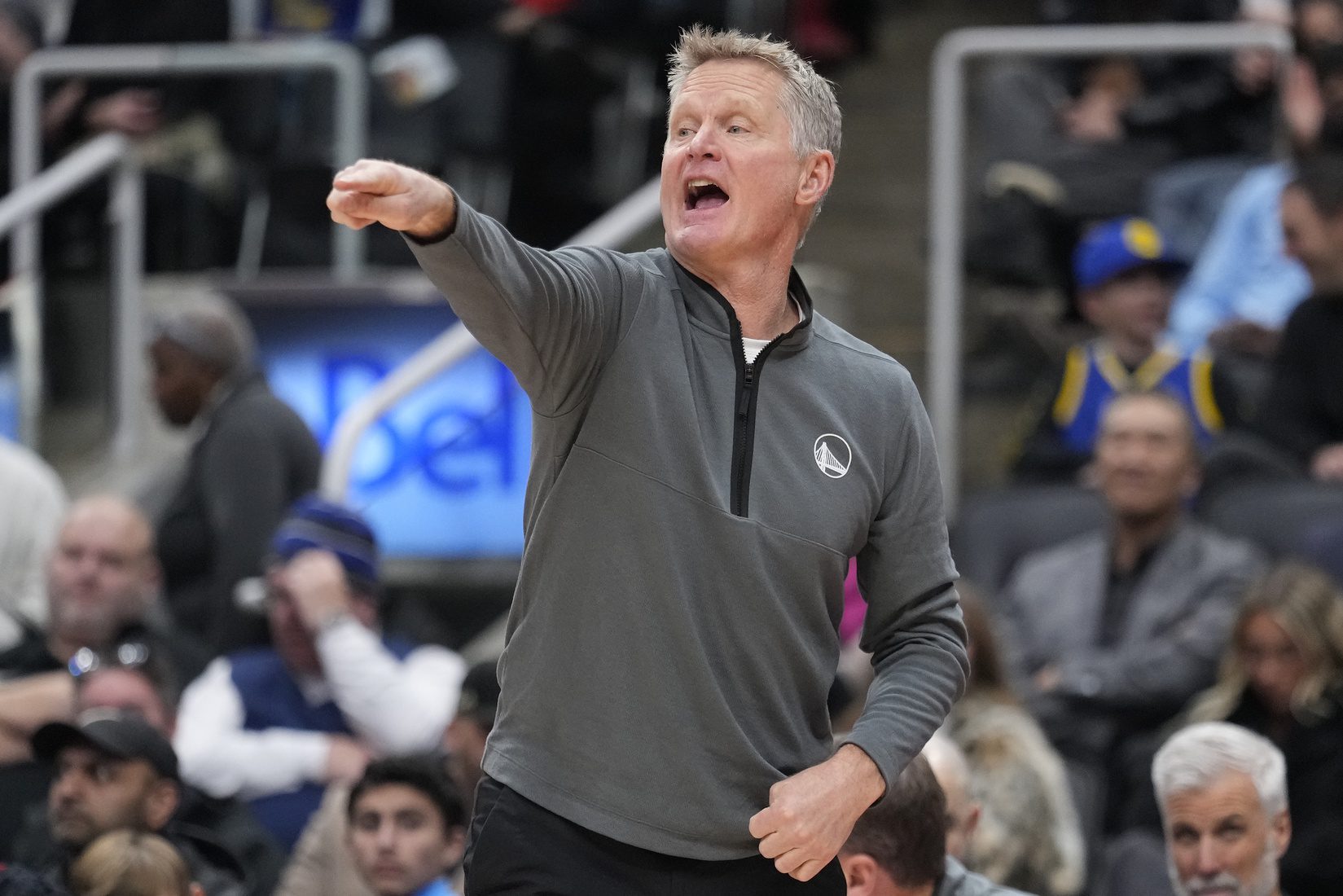 Golden State Warriors head coach Coach Steve Kerr directs his team during the second half against the Toronto Raptors at Scotiabank Arena.