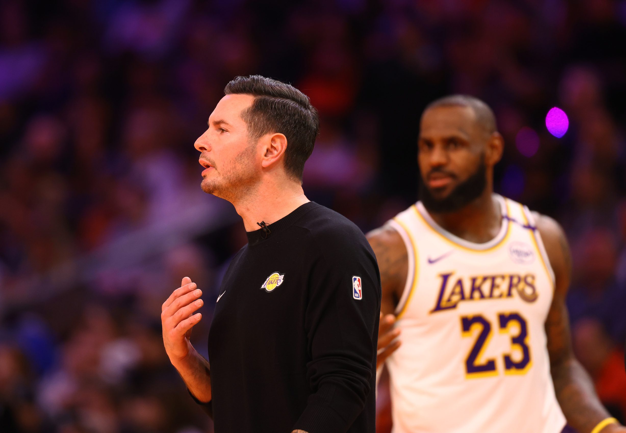 Los Angeles Lakers head coach JJ Redick and forward LeBron James (23) against the Phoenix Suns during an NBA Cup game at Footprint Center.