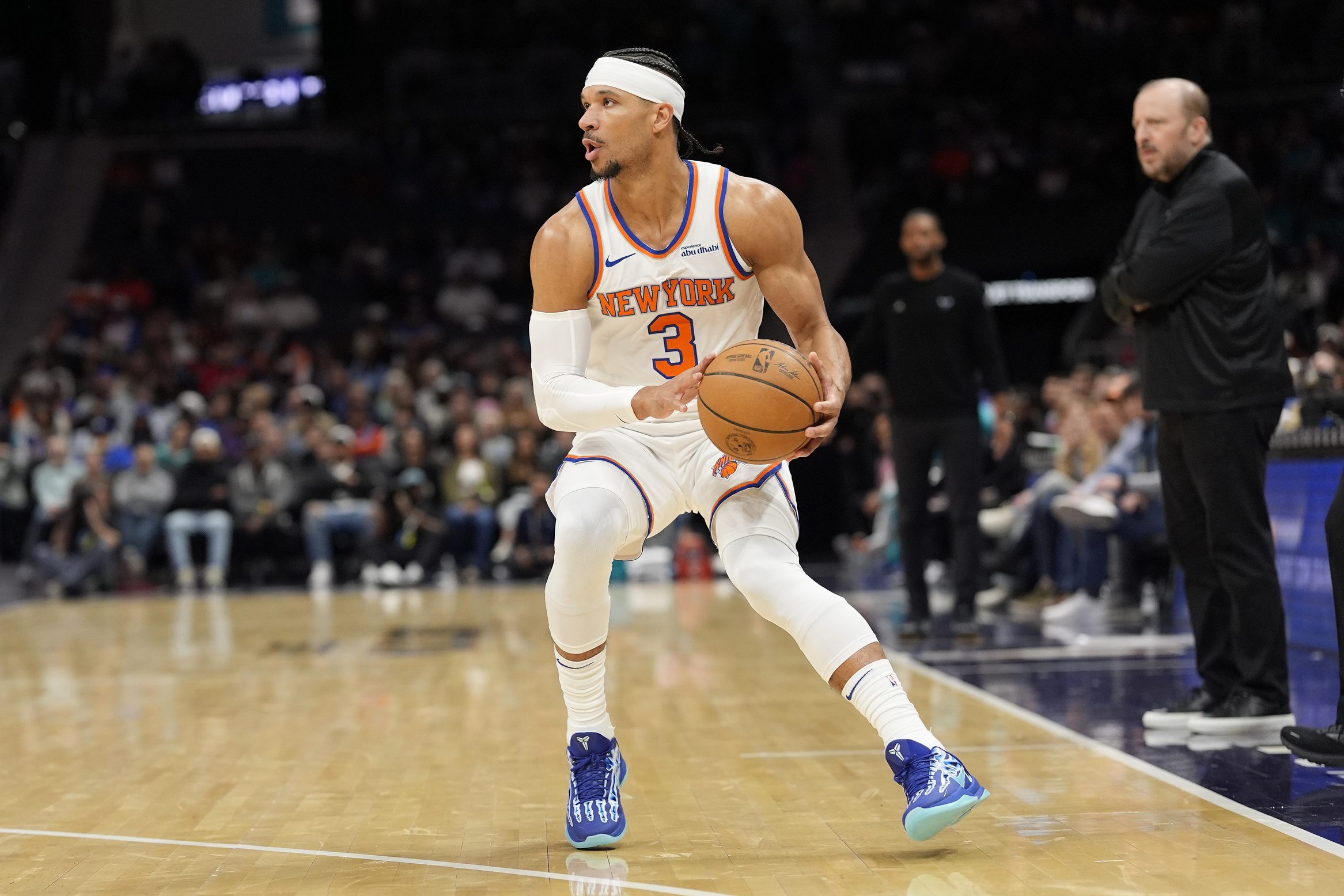 New York Knicks guard Josh Hart (3) stops to shoot a three during the first quarter against the Charlotte Hornets at Spectrum Center.