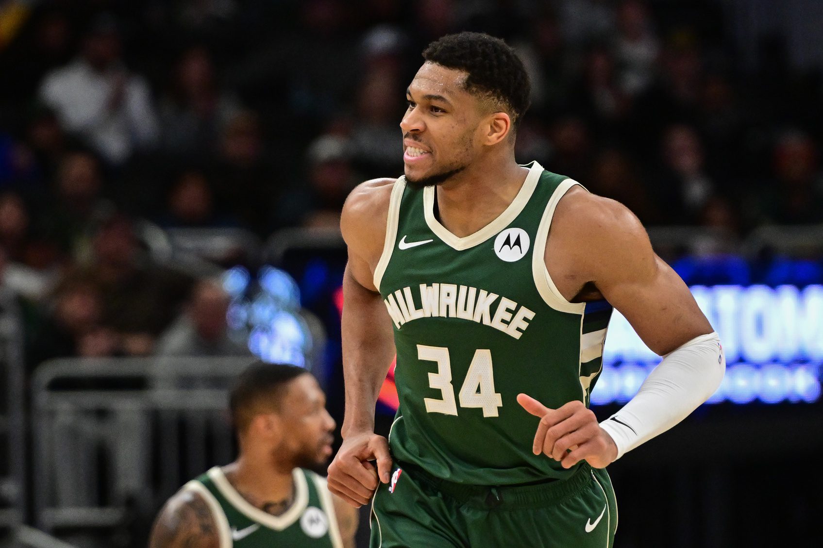 Milwaukee Bucks forward Giannis Antetokounmpo (34) reacts in the third quarter against the Dallas Mavericks at Fiserv Forum.