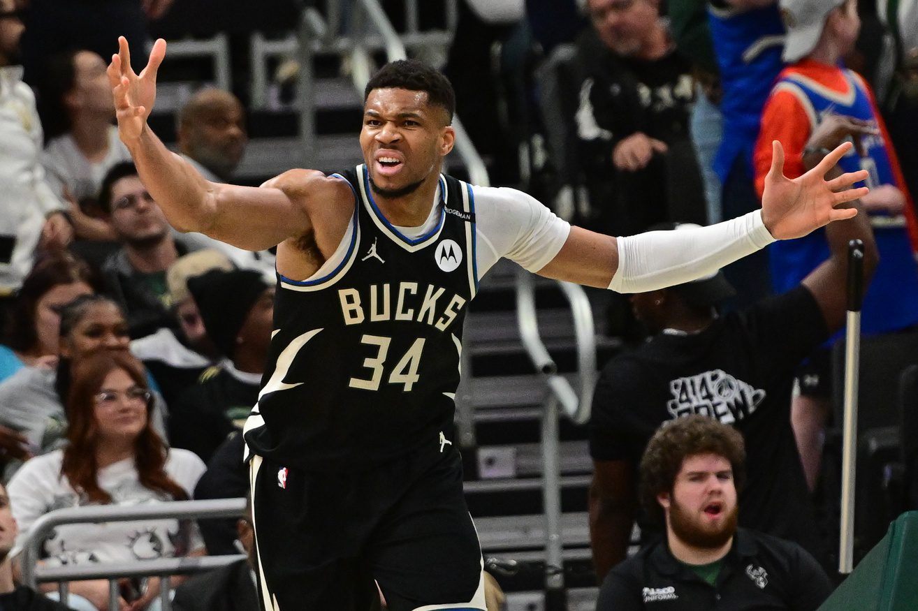 Apr 10, 2025; Milwaukee, Wisconsin, USA; Milwaukee Bucks forward Giannis Antetokounmpo (34) reacts in the second quarter against the New Orleans Pelicans at Fiserv Forum. Mandatory Credit: Benny Sieu-Imagn Images