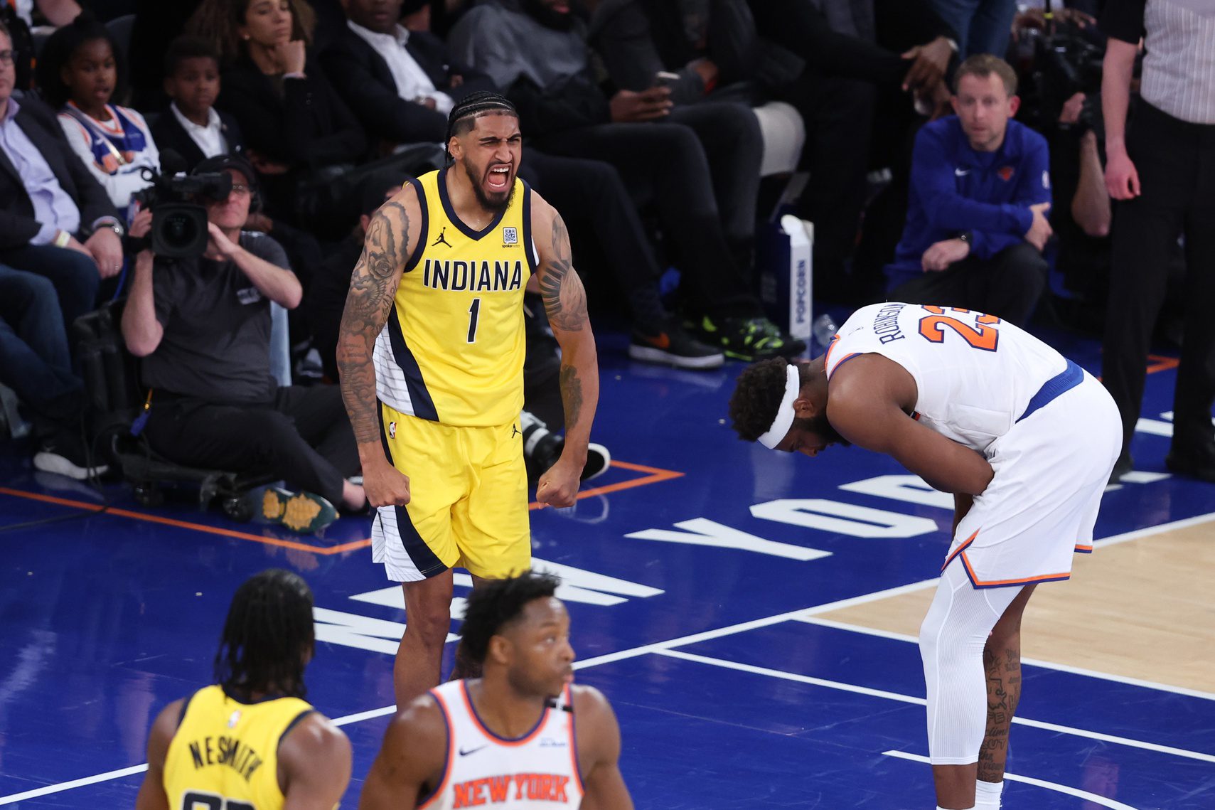 Indiana Pacers forward Obi Toppin (1) reacts in the second half against the New York Knicks during game one of the eastern conference finals for the 2025 NBA Playoffs at Madison Square Garden