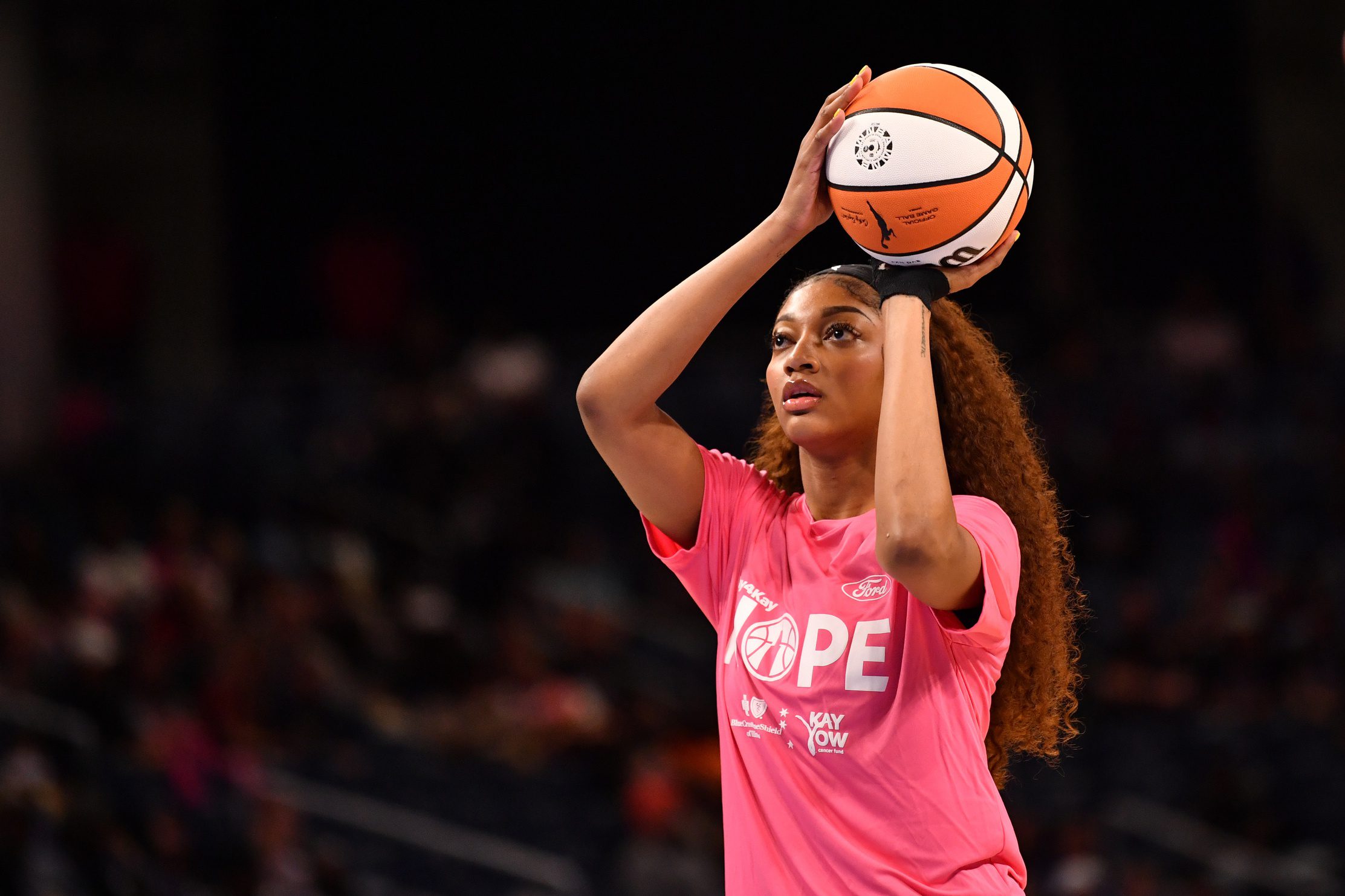 May 29, 2025; Chicago, Illinois, USA; Chicago Sky forward Angel Reese (5) warms up prior to a game against the Dallas Wings at the Wintrust Arena. Mandatory Credit: Patrick Gorski-Imagn Images