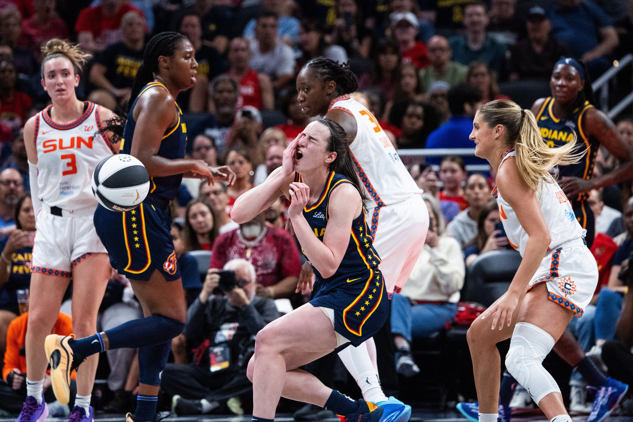 "The Refs Had A Lot To Do With That": Sophie Cunningham Blames Referees For Failing To Protect Caitlin Clark During Fever-Sun Altercation 2 Jun 17, 2025; Indianapolis, Indiana, USA; Connecticut Sun guard Jacy Sheldon (4) fouls Indiana Fever guard Caitlin Clark (22) in the second half at Gainbridge Fieldhouse. Mandatory Credit: Trevor Ruszkowski-Imagn Images