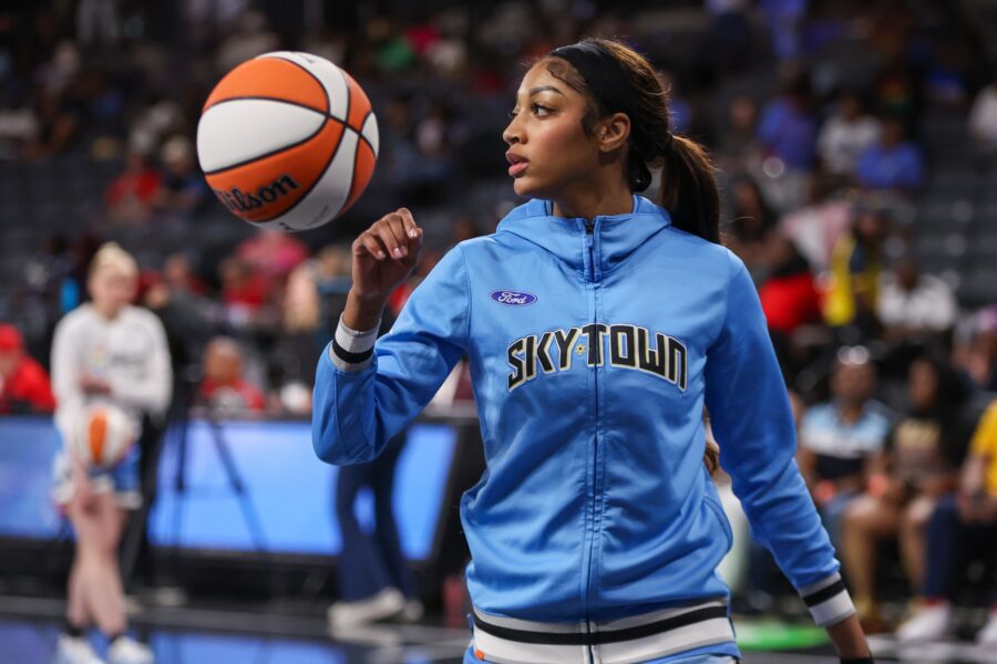 Jun 22, 2025; College Park, Georgia, USA; Chicago Sky forward Angel Reese (5) warms up before a game against the Atlanta Dream at Gateway Center Arena at College Park. Mandatory Credit: Brett Davis-Imagn Images