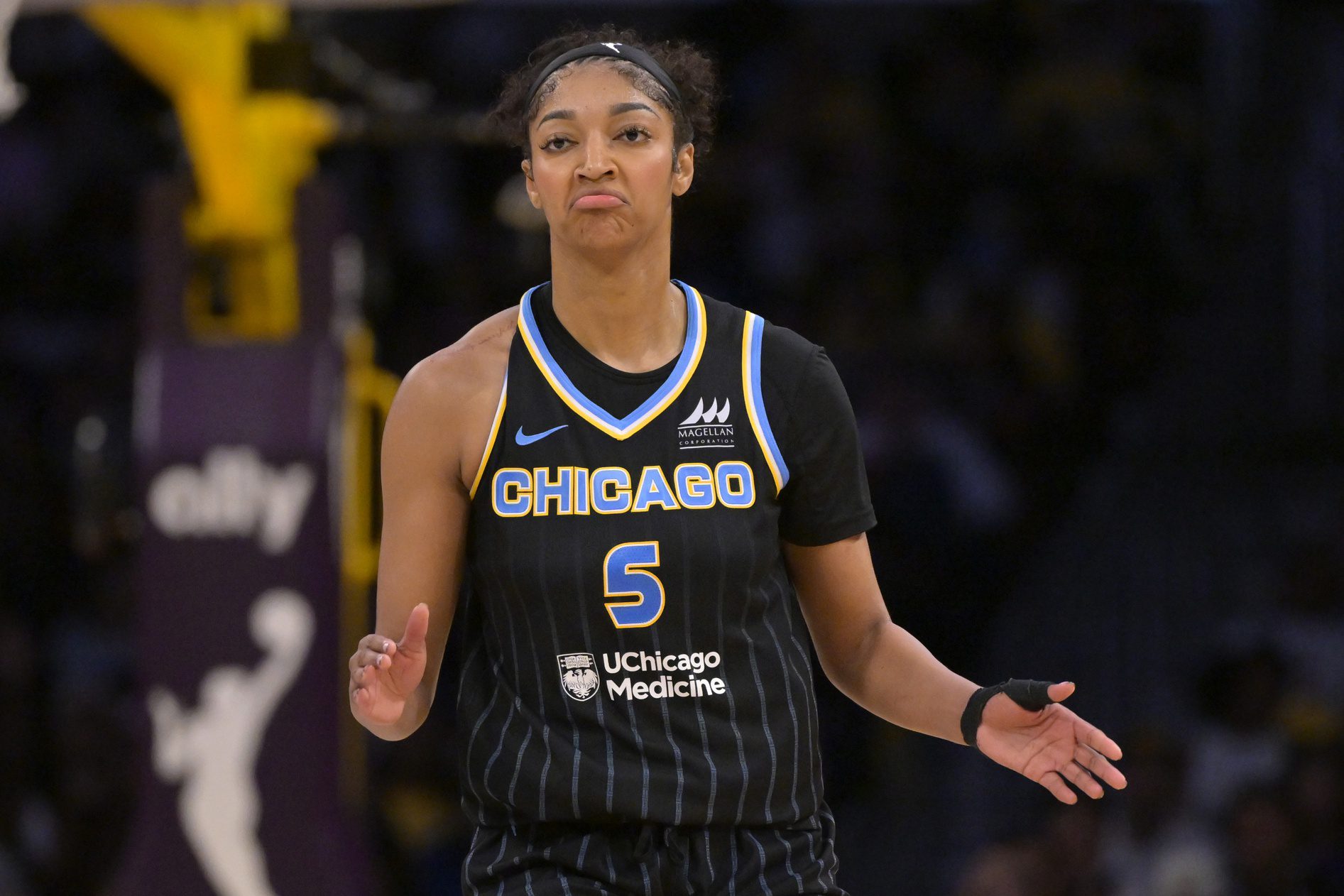 "Still Can't Make A Layup Though": WNBA Fan Mock Angel Reese Enumerating Her Achievements At 23 2 Chicago Sky forward Angel Reese (5) reacts after a basket in the second half against the Los Angeles Sparks at Crypto.com Arena.