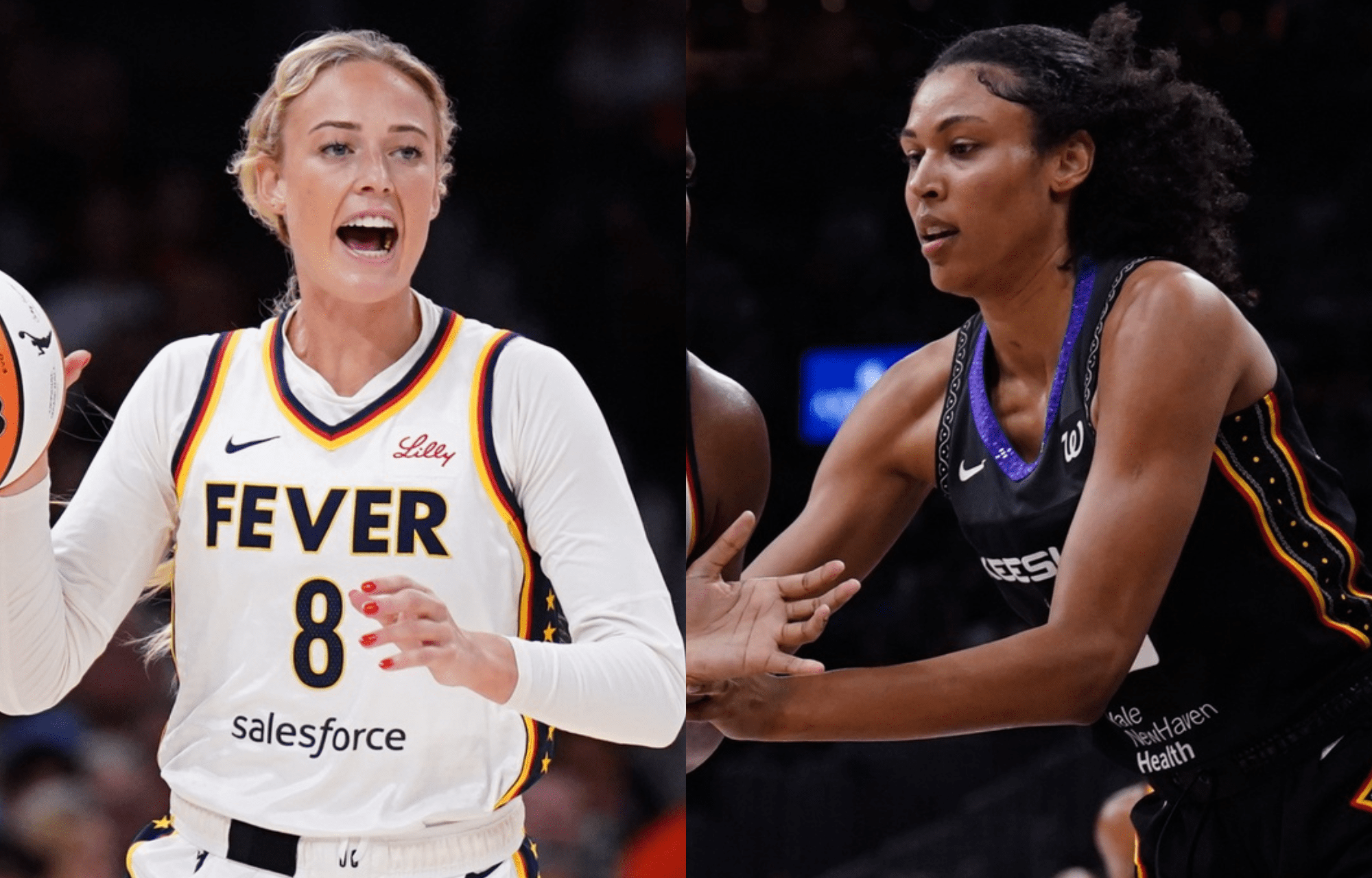 Indiana Fever Sophie Cunningham and Connecticut Sun center Olivia Nelson-Ododa. Credits: Imagn