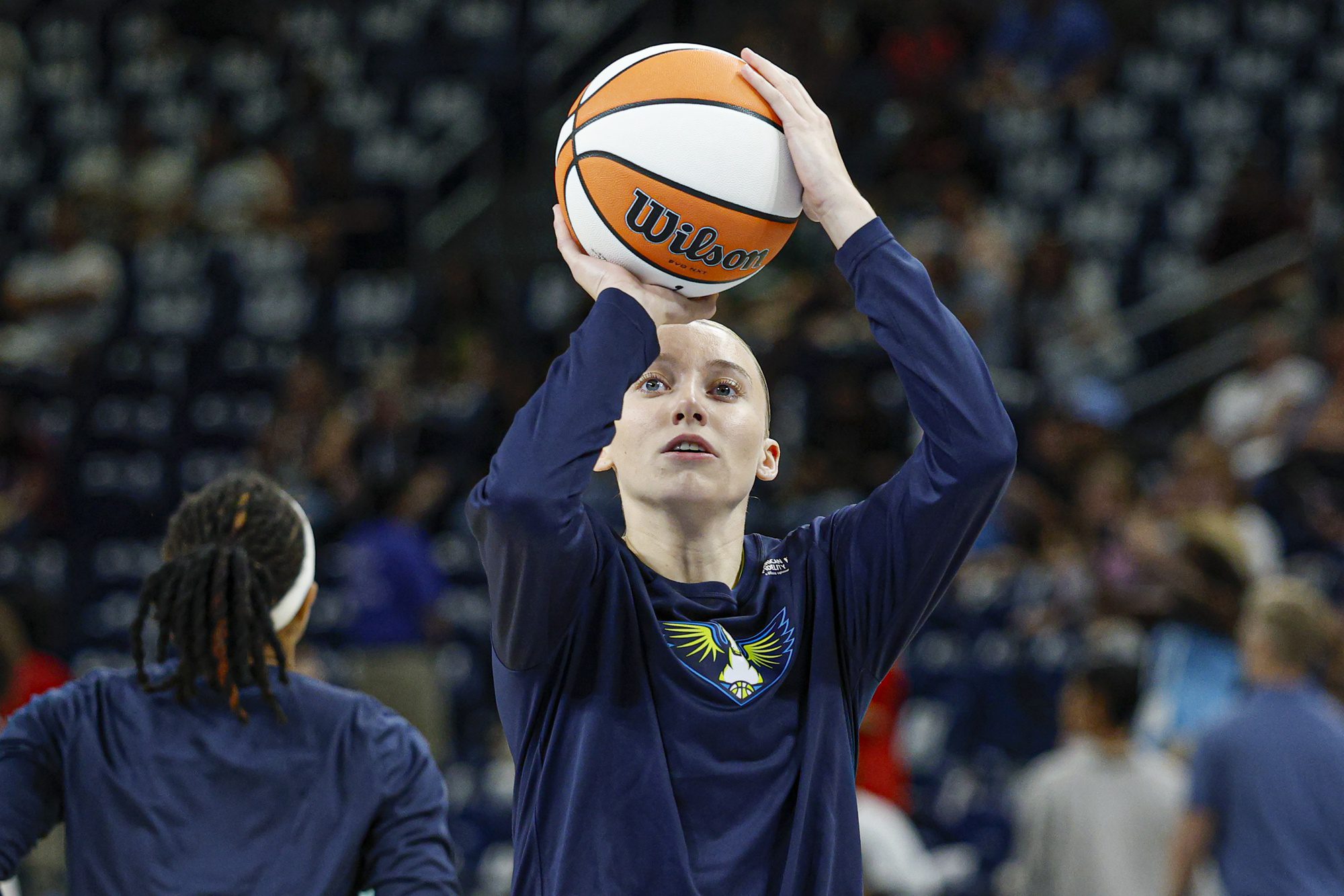 Jul 9, 2025; Chicago, Illinois, USA; Dallas Wings guard Paige Bueckers (5) warms up before a WNBA game against the Chicago Sky at Wintrust Arena. Mandatory Credit: Kamil Krzaczynski-Imagn Images