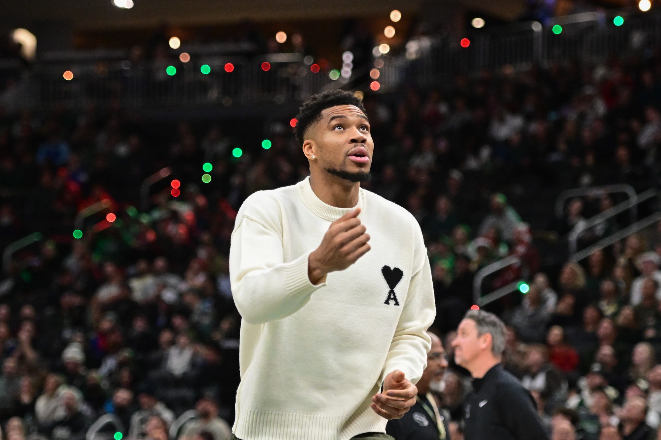 Dec 18, 2025; Milwaukee, Wisconsin, USA; Milwaukee Bucks forward Giannis Antetokounmpo (34) during the fourth quarter against the Toronto Raptors while recovering from an injury at Fiserv Forum. Mandatory Credit: Benny Sieu-Imagn Images
