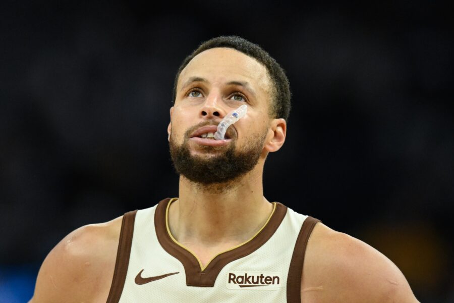 Dec 22, 2025; San Francisco, California, USA; Golden State Warriors guard Stephen Curry (30) looks on against the Orlando Magic in the second quarter at Chase Center. Mandatory Credit: Eakin Howard-Imagn Images