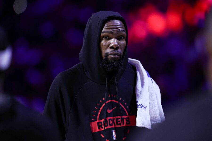 Jan 22, 2026; Philadelphia, Pennsylvania, USA; Houston Rockets forward Kevin Durant (7) looks on during a break in the fourth quarter against the Philadelphia 76ers at Xfinity Mobile Arena. Mandatory Credit: Bill Streicher-Imagn Images