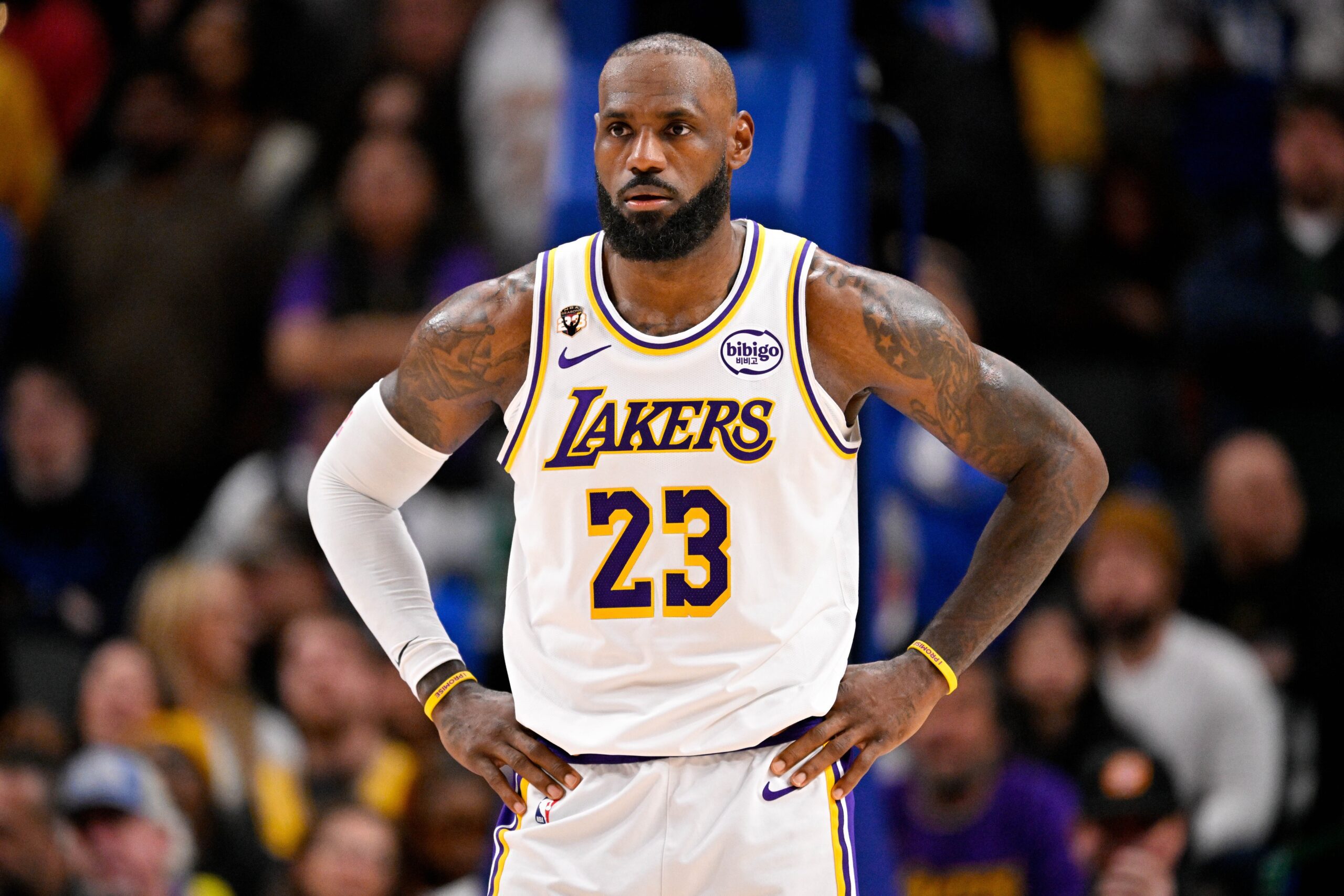 Jan 24, 2026; Dallas, Texas, USA; Los Angeles Lakers forward LeBron James (23) looks on during the game against the Dallas Mavericks at the American Airlines Center. Mandatory Credit: Jerome Miron-Imagn Images