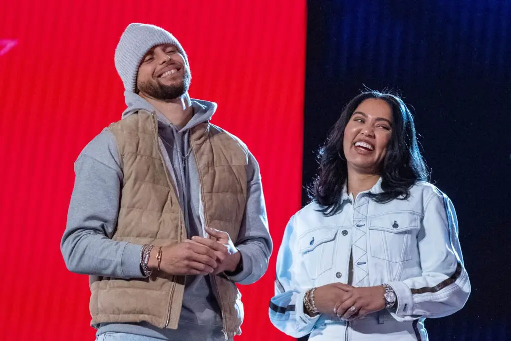 February 19, 2022; Cleveland, OH, USA; Golden State Warriors guard Stephen Curry (30) and wife Ayesha Curry (right) during the 2022 NBA All-Star Saturday Night at Rocket Mortgage Field House. Mandatory Credit: Kyle Terada-USA TODAY Sports