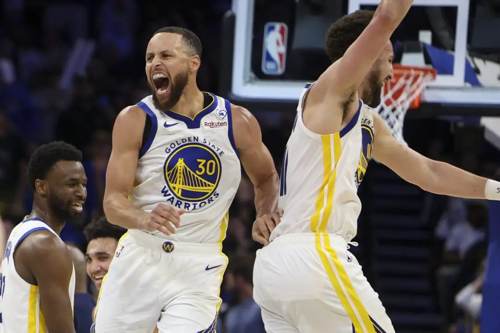 Mar 27, 2024; Orlando, Florida, USA; Golden State Warriors guard Stephen Curry (30) celebrates with guard Klay Thompson (11) after beating the Orlando Magic at the Kia Center. Mandatory Credit: Nathan Ray Seebeck-USA TODAY Sports