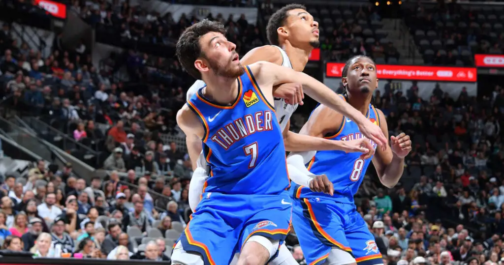 February 29th, 2024; San Antonio, Texas, USA; San Antonio Spurs center Victor Wembanyama battles Oklahoma City Thunder’s Chet Holmgren for a rebound in the second half at Frost Bank Center. Mandatory Credit: Daniel Dunn-USA TODAY Sports