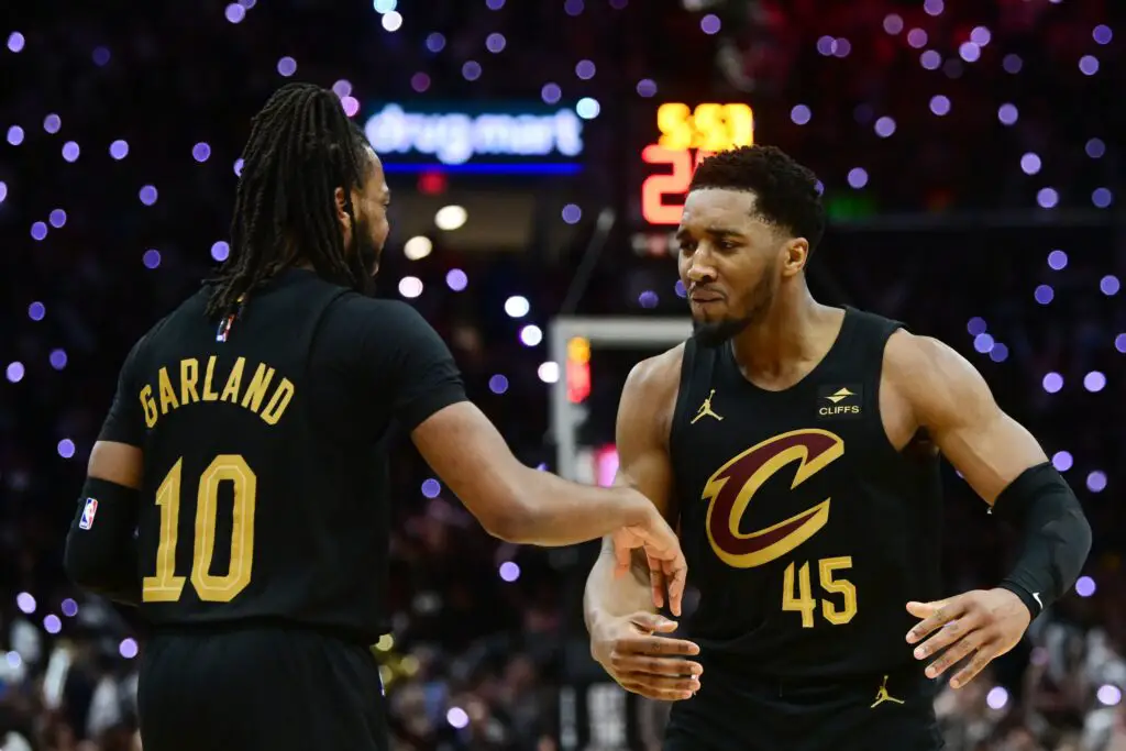 NBA Fans Surprised to See the Cleveland Cavaliers' Win Streak Continue; Improves to 12-0 this Season 3 May 5, 2024; Cleveland, Ohio, USA; Cleveland Cavaliers guard Donovan Mitchell (45) celebrates with guard Darius Garland (10) after Garland hit a three point basket during the second half against the Orlando Magic in game seven of the first round for the 2024 NBA playoffs at Rocket Mortgage FieldHouse. Mandatory Credit: Ken Blaze-USA TODAY Sports