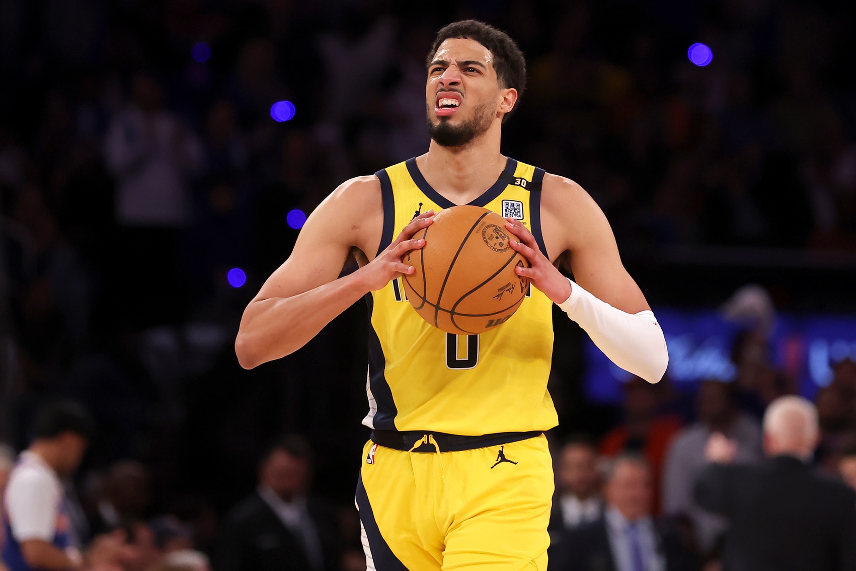 May 6, 2024; New York, New York, USA; Indiana Pacers guard Tyrese Haliburton (0) reacts during the third quarter of game one of the second round of the 2024 NBA playoffs against the New York Knicks at Madison Square Garden. Mandatory Credit: Brad Penner-USA TODAY Sports