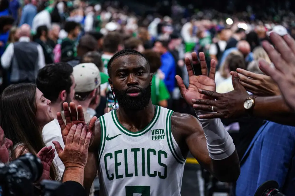 May 21, 2024; Boston, Massachusetts, USA; Boston Celtics guard Jaylen Brown (7) reacts after the game against the Indiana Pacers for game one of the eastern conference finals for the 2024 NBA playoffs at TD Garden. Mandatory Credit: David Butler II-USA TODAY Sports