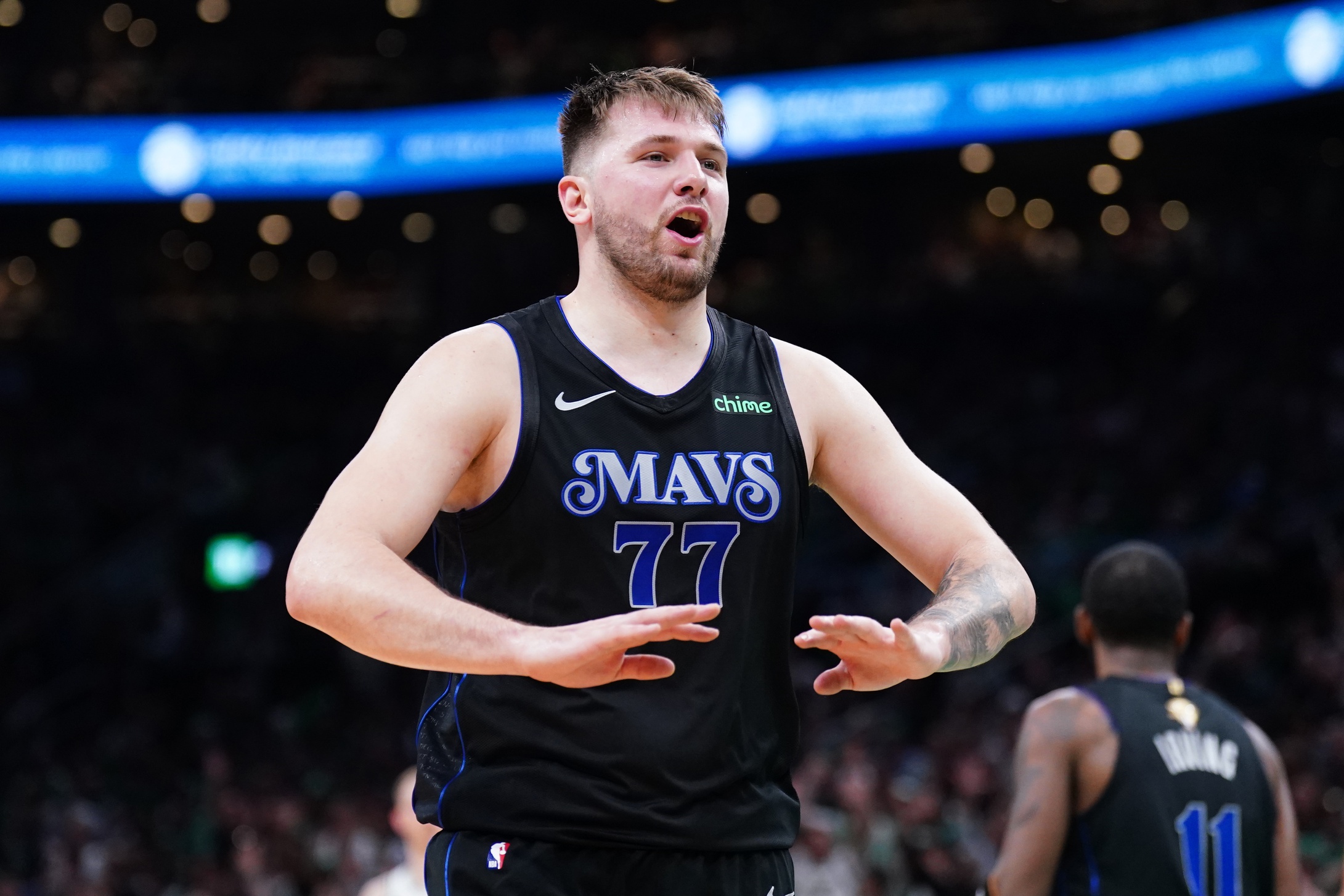 Jun 6, 2024; Boston, Massachusetts, USA; Dallas Mavericks guard Luka Doncic (77) reacts in the third quarter against the Boston Celtics during game one of the 2024 NBA Finals at TD Garden. Mandatory Credit: David Butler II-USA TODAY Sports