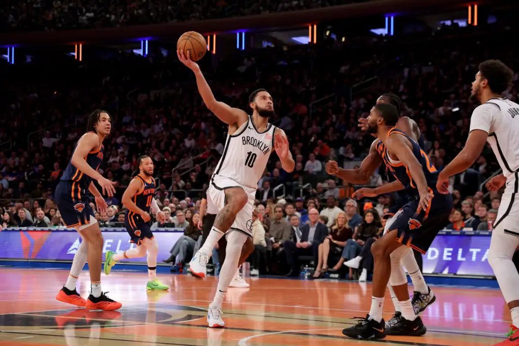 Ben Simmons' Agent Clapped Back at Media Outlet That Criticized His Scoreless Game 1 Nov 15, 2024; New York, New York, USA; Brooklyn Nets guard Ben Simmons (10) takes a shot against New York Knicks forward Mikal Bridges (25) and center Ariel Hukporti (55) during the second quarter at Madison Square Garden. Mandatory Credit: Brad Penner-Imagn Images