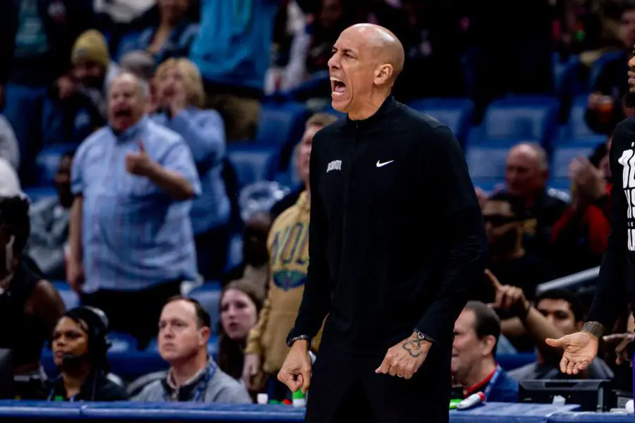 Feb 13, 2025; New Orleans, Louisiana, USA; Sacramento Kings interim head coach Doug Christie reacts to a play against the New Orleans Pelicans during the second half at Smoothie King Center. Mandatory Credit: Stephen Lew-Imagn Images