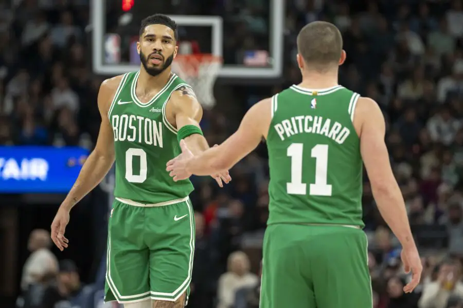 Fans React to Boston Celtics’ Reported $6.1 Billion Sale Boston Celtics forward Jayson Tatum (0) celebrates with guard Payton Pritchard (11) after making a shot against the Minnesota Timberwolves in the first half at Target Center.