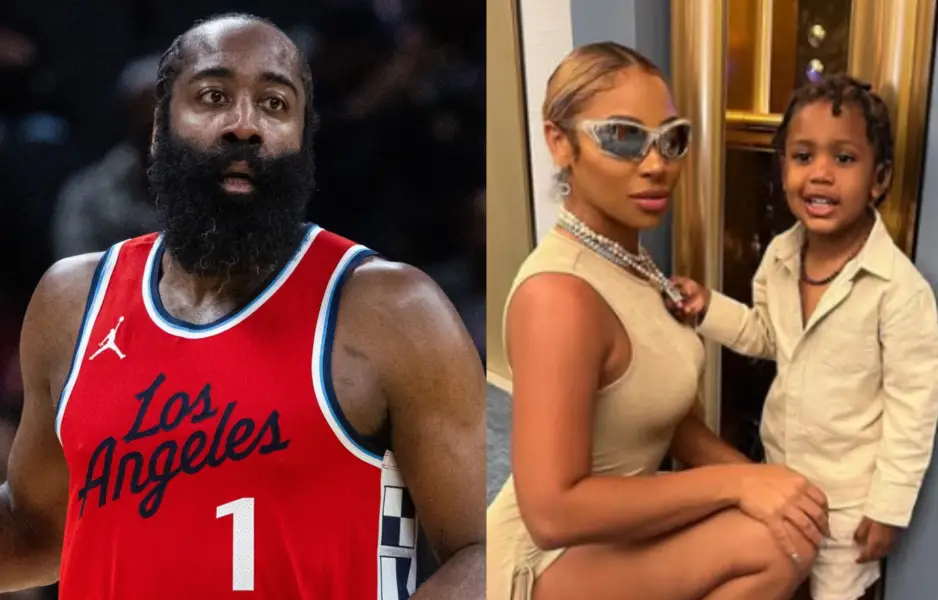 James Harden (left) and Paije Speights with their son (right). Photo credits: Imagn images and @front_paije