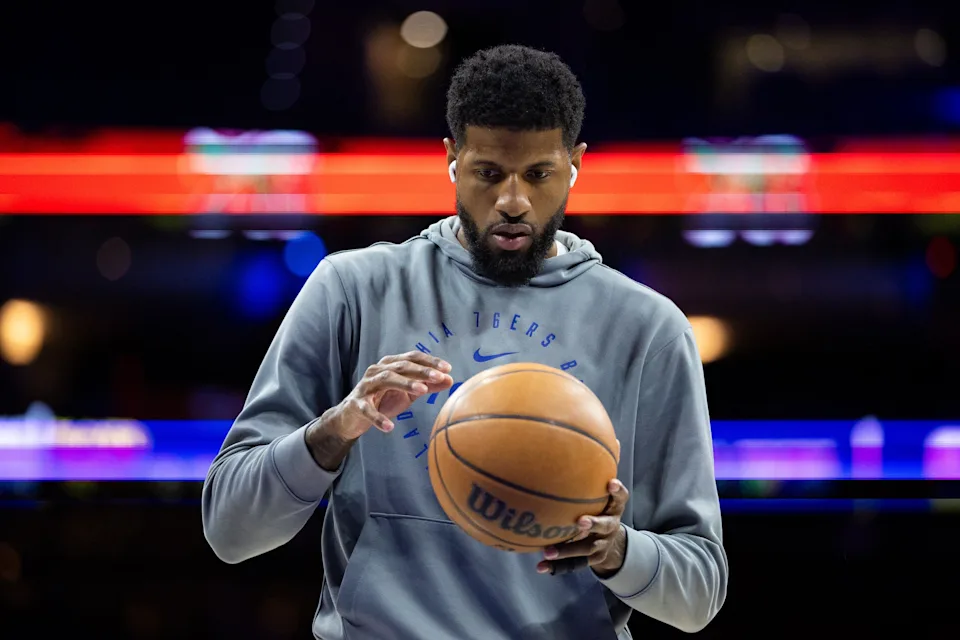 Feb 20, 2025; Philadelphia, Pennsylvania, USA; Philadelphia 76ers forward Paul George (8) warms up before a game against the Boston Celtics at Wells Fargo Center. Mandatory Credit: Bill Streicher-Imagn Images