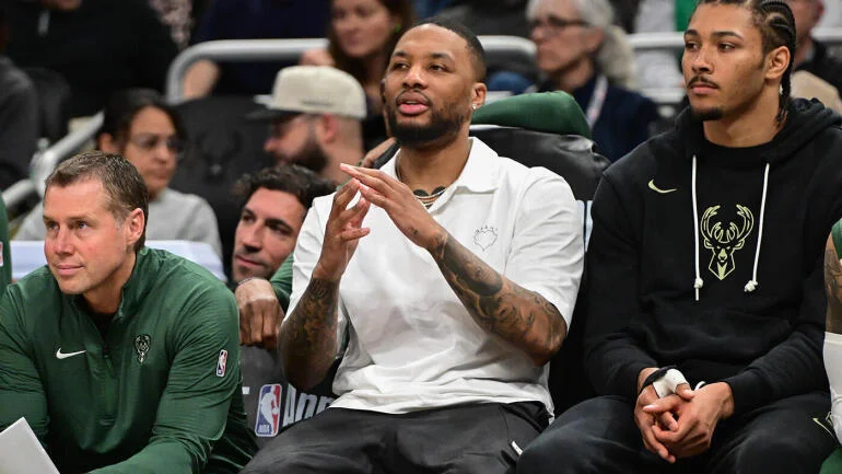 Milwaukee Bucks guard Damian Lillard looks on during a game against the Philadelphia 76ers. Imagn Images