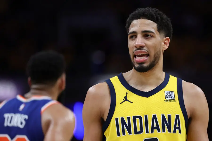 'Injury Excuse': Skip Bayless Dragged For Awful Tyrese Haliburton Injury Take 2 Indiana Pacers guard Tyrese Haliburton (0) looks on in the third quarter during game six of the eastern conference finals
