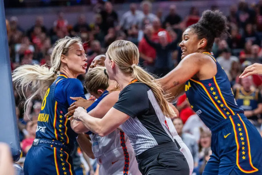 “I Didn’t Beat Her Up”: Sophie Cunningham Reacts In Disbelief After Avoiding Ban For Heated Clash Following Caitlin Clark Incident With Jacy Sheldon Jun 17, 2025; Indianapolis, Indiana, USA; Indiana Fever guard Sophie Cunningham (8) and Connecticut Sun guard Jacy Sheldon (4) get into a fight in the second half at Gainbridge Fieldhouse. Mandatory Credit: Trevor Ruszkowski-Imagn Images