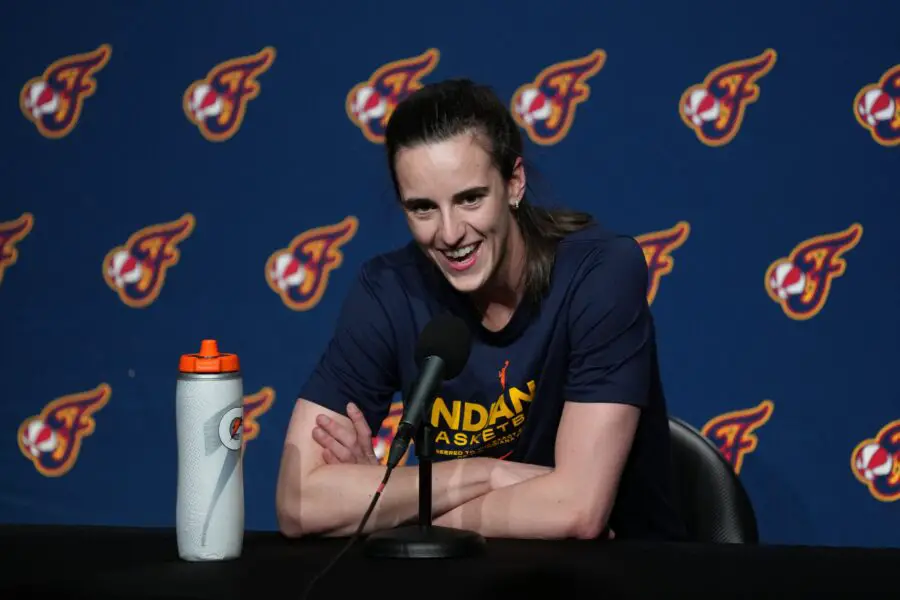 Jun 19, 2025; San Francisco, California, USA; Indiana Fever guard Caitlin Clark (22) talks to media members before the game against the Golden State Valkyries at Chase Center. Mandatory Credit: Darren Yamashita-Imagn Images