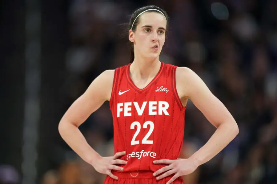 Jun 19, 2025; San Francisco, California, USA; Indiana Fever guard Caitlin Clark (22) reacts during the fourth quarter against the Golden State Valkyries at Chase Center. Mandatory Credit: Darren Yamashita-Imagn Images