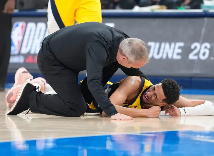 Skip Bayless Indiana Pacers guard Tyrese Haliburton (0) reacts after suffering an injury during the first quarter against the Oklahoma City Thunder