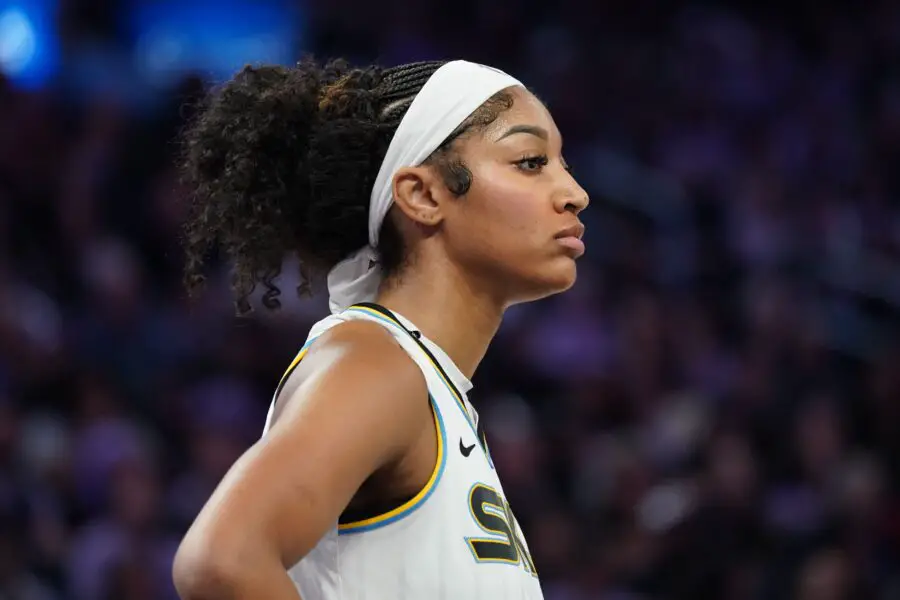 June 27, 2025; San Francisco, California, USA; Chicago Sky forward Angel Reese (5) waits for play to resume in the second quarter against the Golden State Valkyries at Chase Center. Mandatory Credit: David Gonzales-Imagn Images