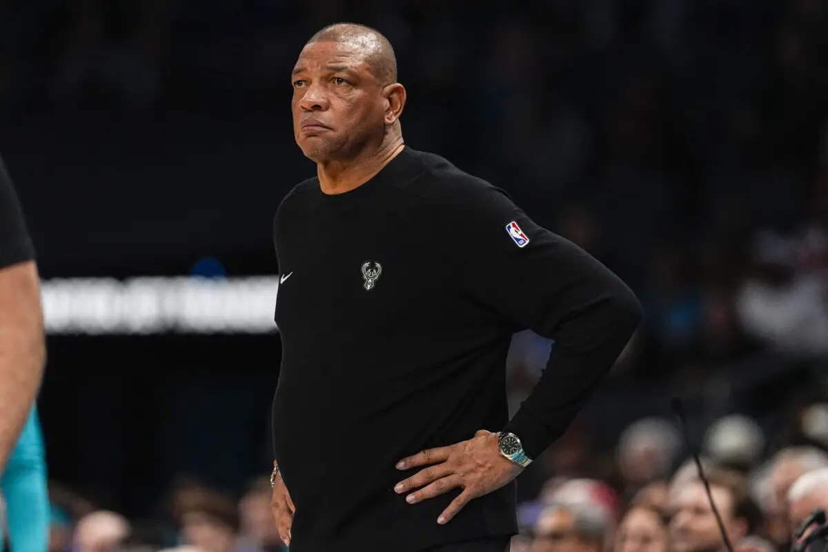 Feb 5, 2025; Charlotte, North Carolina, USA; Milwaukee Bucks head coach Doc Rivers during the first half against the Charlotte Hornets at Spectrum Center. Mandatory Credit: Jim Dedmon-Imagn Images