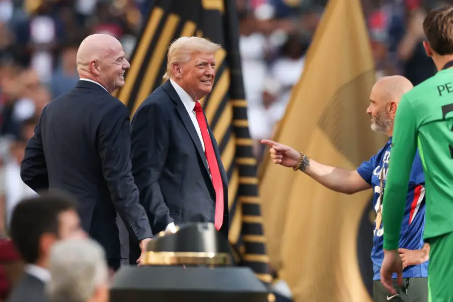 Jul 13, 2025; East Rutherford, New Jersey, USA; U.S. President Donald Trump and FIFA president Gianni Infantino on stage during the final of the 2025 FIFA Club World Cup at MetLife Stadium. Mandatory Credit: Vincent Carchietta-Imagn Images