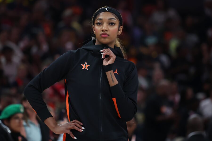 Team Collier forward Angel Reese (5) looks on before the 2025 WNBA All Star Game at Gainbridge Fieldhouse.