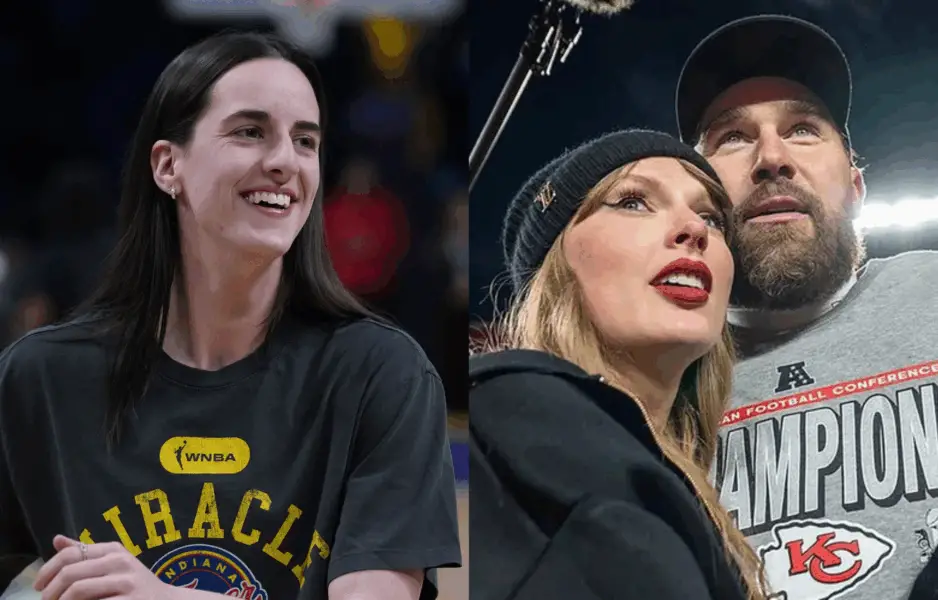 Caitlin Clark, and Taylor Swift and Travis Kelce. Photo credits: Imagn