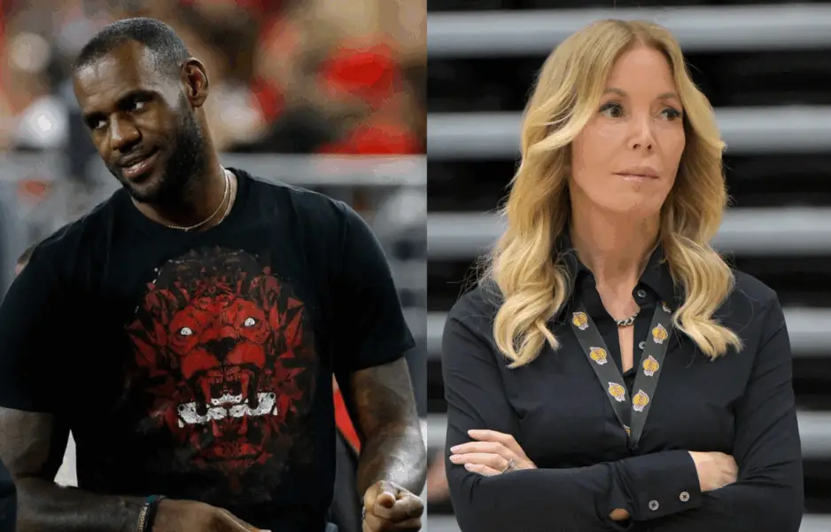 LeBron James and Jeanie Buss. Photo credits: Imagn