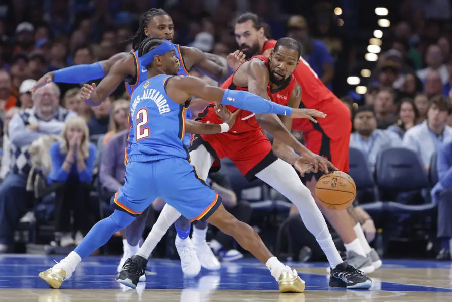 "This Is Not A Good Luck" NBA Accused Of Rigging Thunder - Rockets Game After Video Leak (Watch) 2 Oct 21, 2025; Oklahoma City, Oklahoma, USA; Houston Rockets forward Kevin Durant (7) passes around Oklahoma City Thunder guard Shai Gilgeous-Alexander (2) during the first half at Paycom Center. Mandatory Credit: Alonzo Adams-Imagn Images