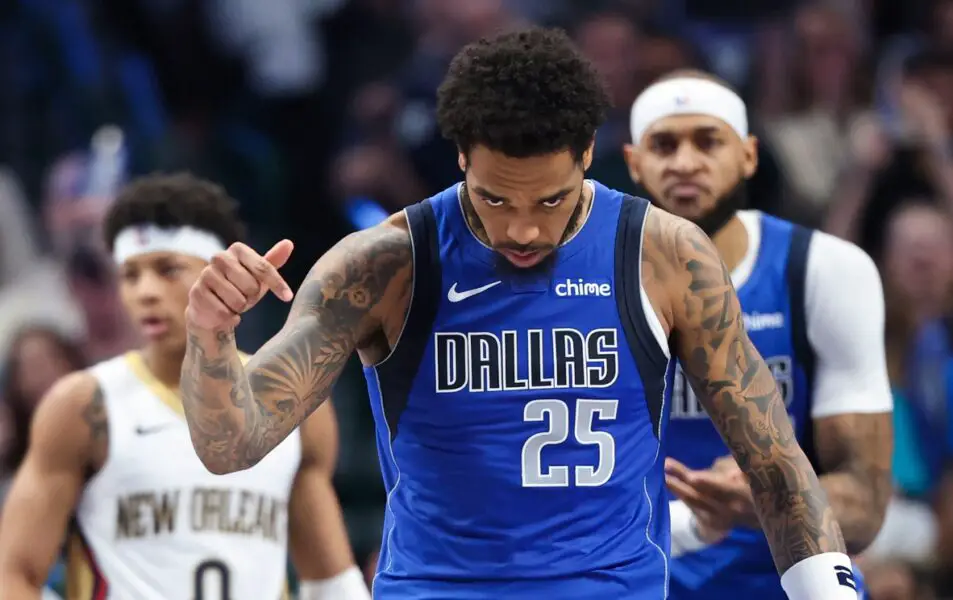 Nov 5, 2025; Dallas, Texas, USA; Dallas Mavericks forward P.J. Washington (25) reacts after scoring during the first half against the New Orleans Pelicans at American Airlines Center. Mandatory Credit: Kevin Jairaj-Imagn Images