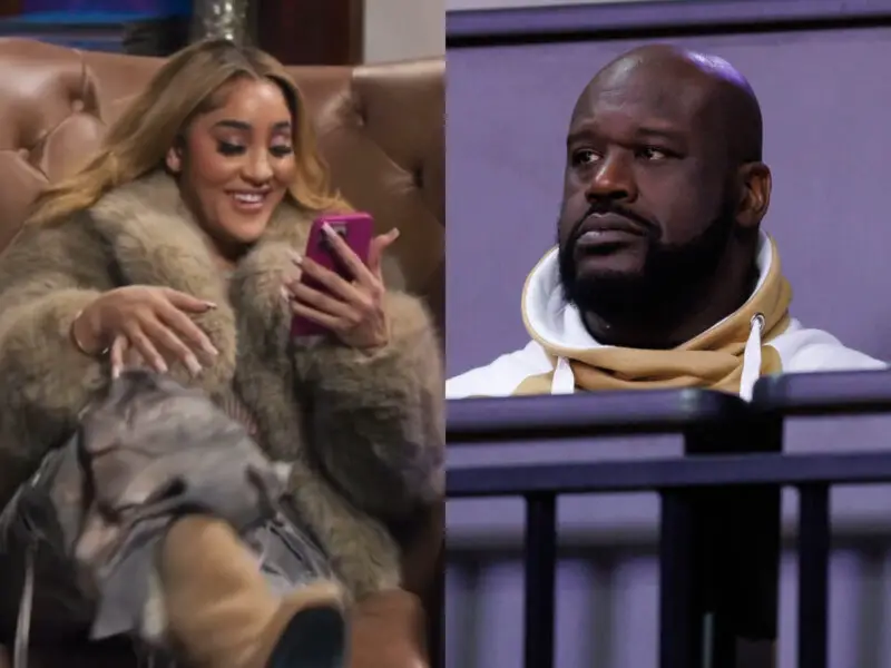 Jan 19, 2025; Gainesville, Florida, USA; Former NBA player Shaquille O'Neal sits courtside during the first half between the Florida Gators and the LSU Tigers at Exactech Arena at the Stephen C. O'Connell Center. Mandatory Credit: Matt Pendleton-Imagn Images