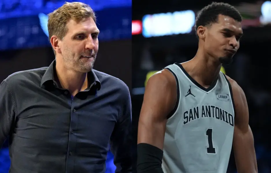 “Prime Dirk Is Torching Wemby”: NBA Fans Throw Opinions As Dirk Nowitzki Humbles Himself Getting Trademark Fadeaway Getting Blocked By Victor Wembanyama NBA Fans Throw Opinions As Dirk Nowitzki Humbles Himself Getting Trademark Fadeaway Getting Blocked By Victor Wembanyama