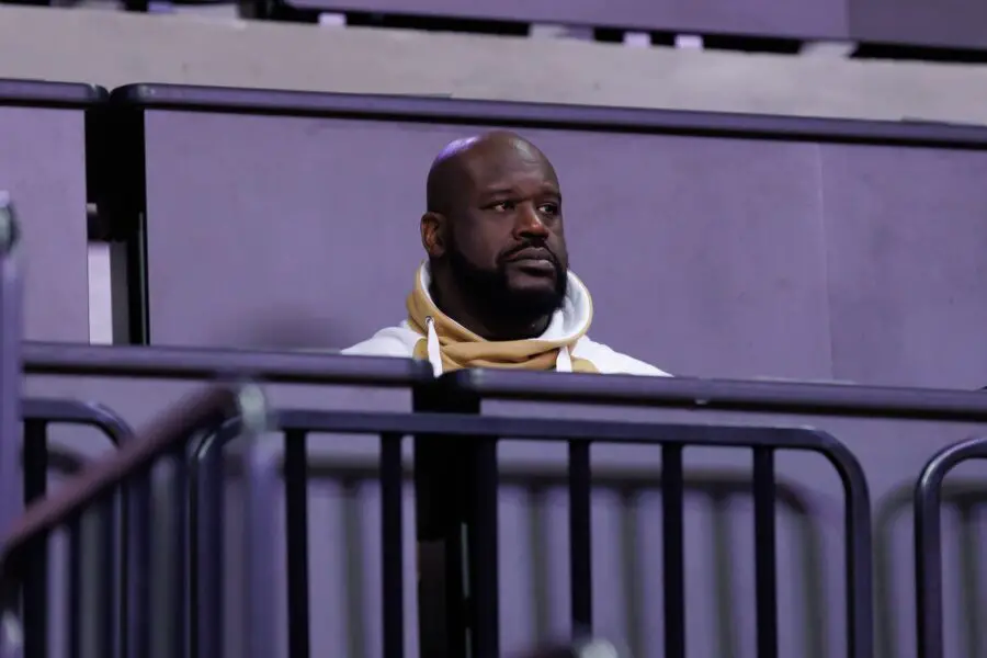 Jan 19, 2025; Gainesville, Florida, USA; Former NBA player Shaquille O'Neal sits courtside during the first half between the Florida Gators and the LSU Tigers at Exactech Arena at the Stephen C. O'Connell Center. Mandatory Credit: Matt Pendleton-Imagn Images
