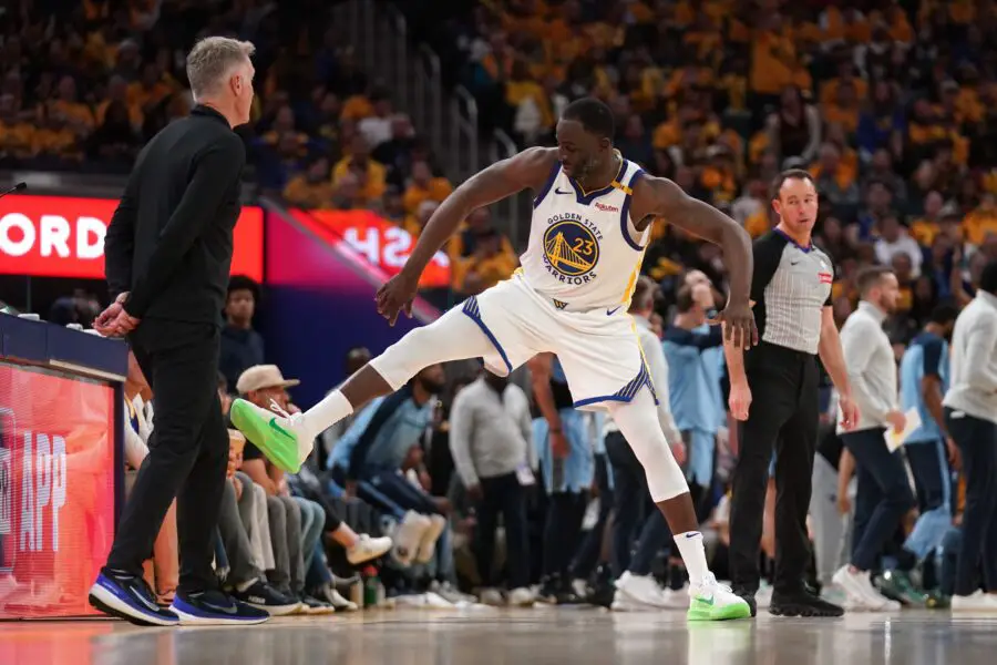 Apr 15, 2025; San Francisco, California, USA; Golden State Warriors forward Draymond Green (23) reacts next to head coach Steve Kerr after the Warriors were called for a foul against the Memphis Grizzlies in the third quarter at the Chase Center. Mandatory Credit: Cary Edmondson-Imagn Images