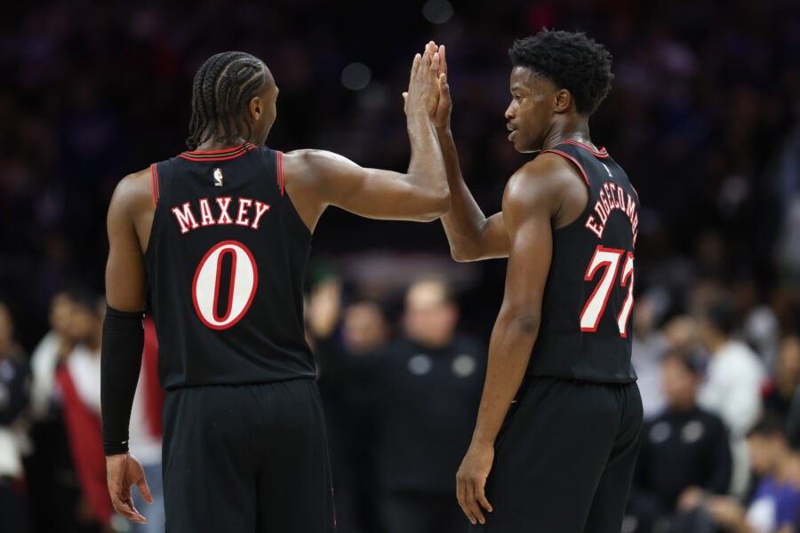 Nov 8, 2025; Philadelphia, Pennsylvania, USA; Philadelphia 76ers guard Tyrese Maxey (0) and guard VJ Edgecombe (77) high five after a score during the fourth quarter against the Toronto Raptors at Xfinity Mobile Arena. Mandatory Credit: Bill Streicher-Imagn Images